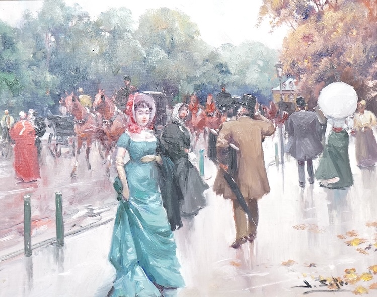 Juan Soler (Spanish, 1940-1984), Impressionist street scene with figures, signed, oil on canvas, 31 x 39cm